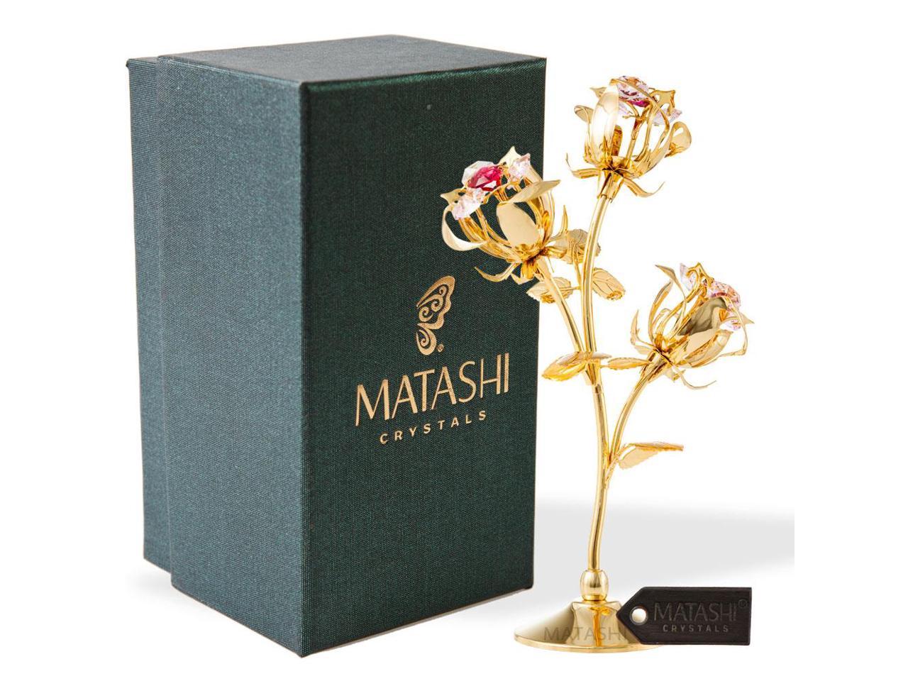 24k Gold Plated Rose Flower Tabletop Ornament w/ Red & Pink Matashi Crystals Metal Floral Arrangement | Decorative Office or Home D¨¦cor | Elegant Petal Craftsmanship