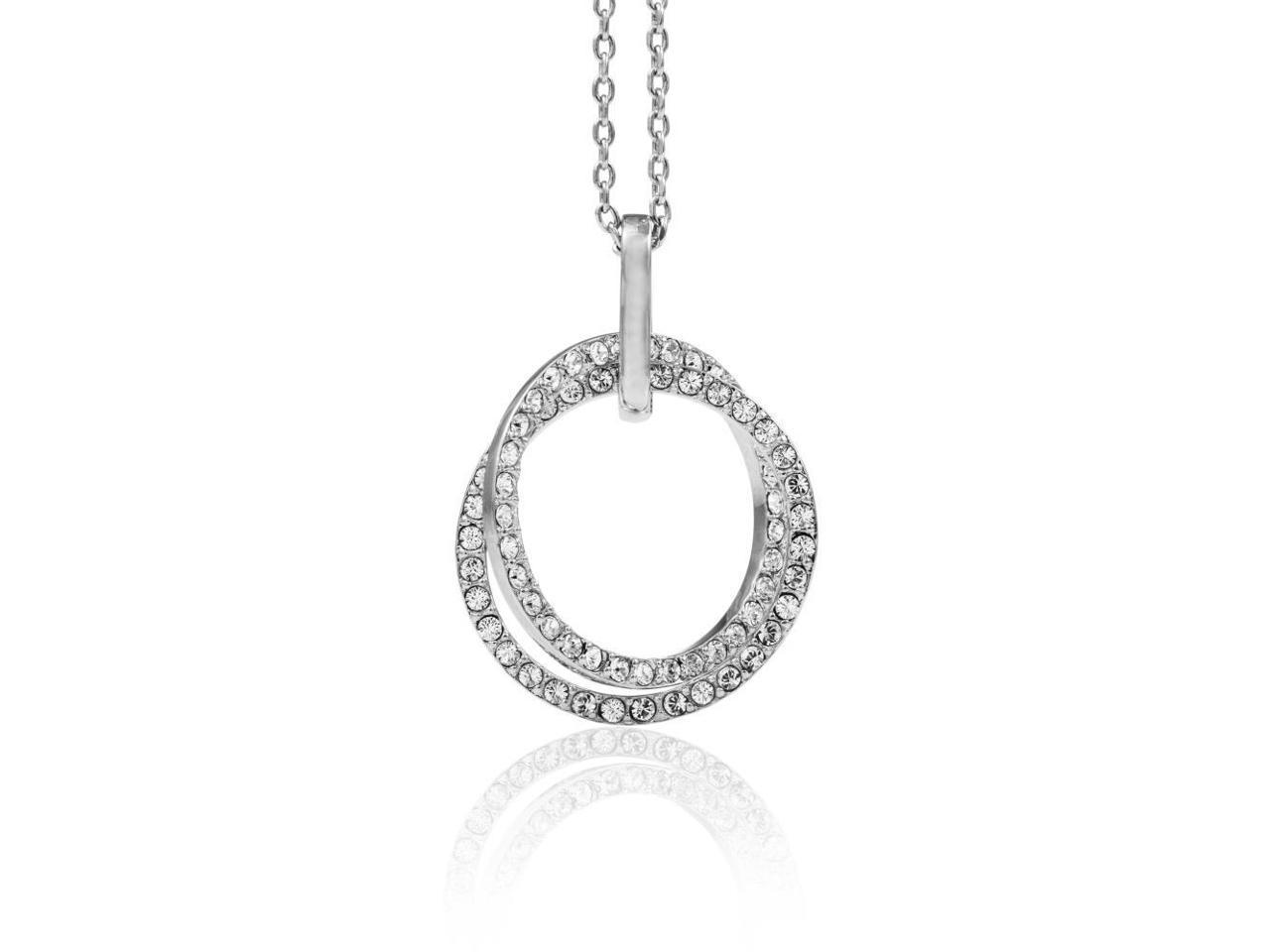 18K White Gold Plated Double Circle Pendant Necklace With Sparkling Clear Crystals by Matashi