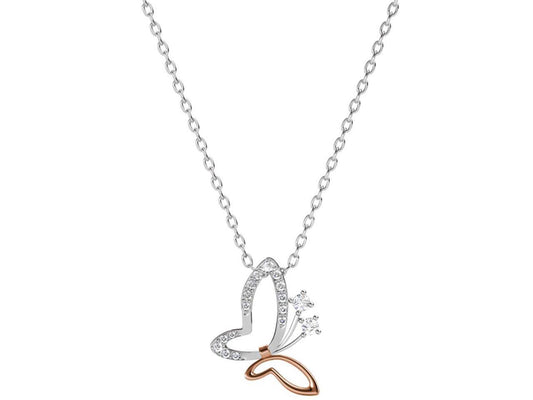 White Gold and Rose Gold Plated Butterfly Pendant Necklace with Clear Crystals By Matashi