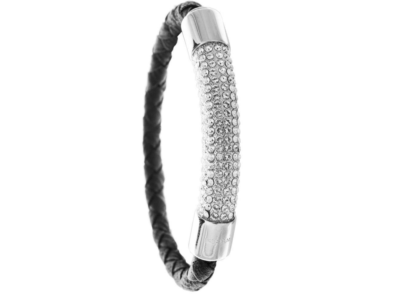 18K White Gold Plated Bracelet with a Glittering Crystals Designed Segment on a Black Corded Band with a Magnetic Clasp made with High Quality Crystals by Matashi