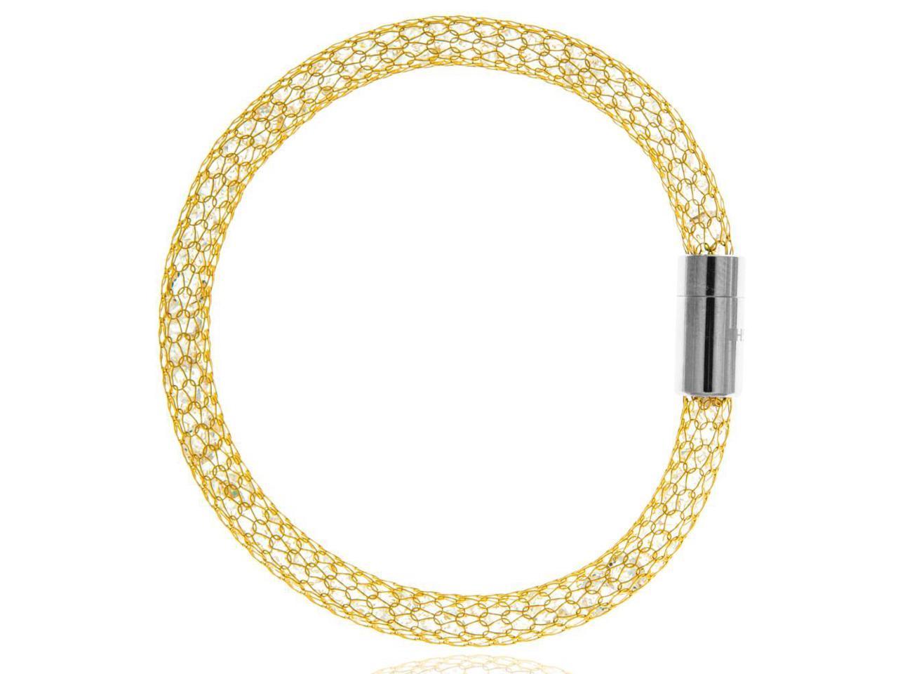 7.5 18K Gold Plated Mesh Bangle Bracelet with Magnetic Clasp and High Quality Crystals by Matashi