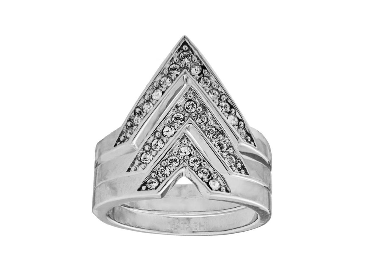 18k White Gold Plated Ring with Elegant Triple V Chevron Design with Sparkling Crystals by Matashi Set of 3 Size 5