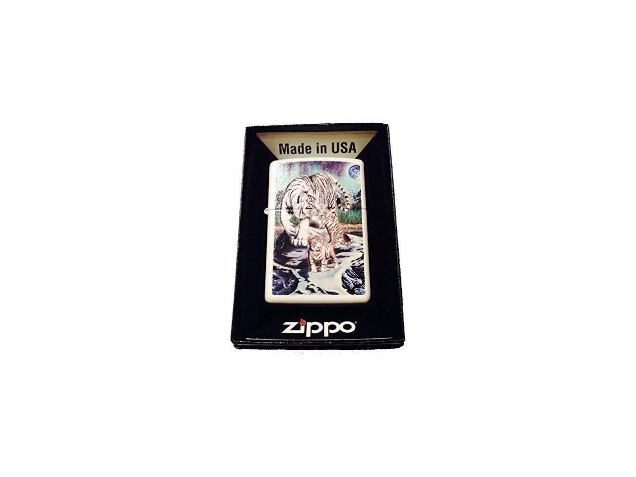 Zippo Custom Lighter - Celestial White Bengal Tigers & Cubs w/Moon & Stars