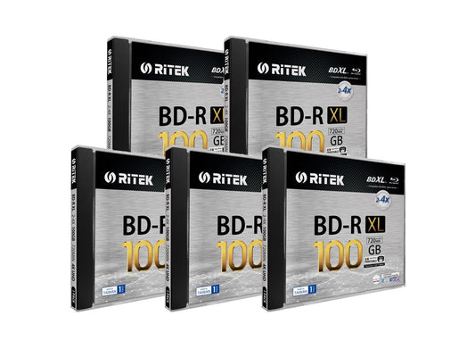 5 Pack Ritek BD-R XL BDXL 100GB Archival Grade Triple Layers 4X White Inkjet Hub Printable Blank Disc w/Standard Jewel Case