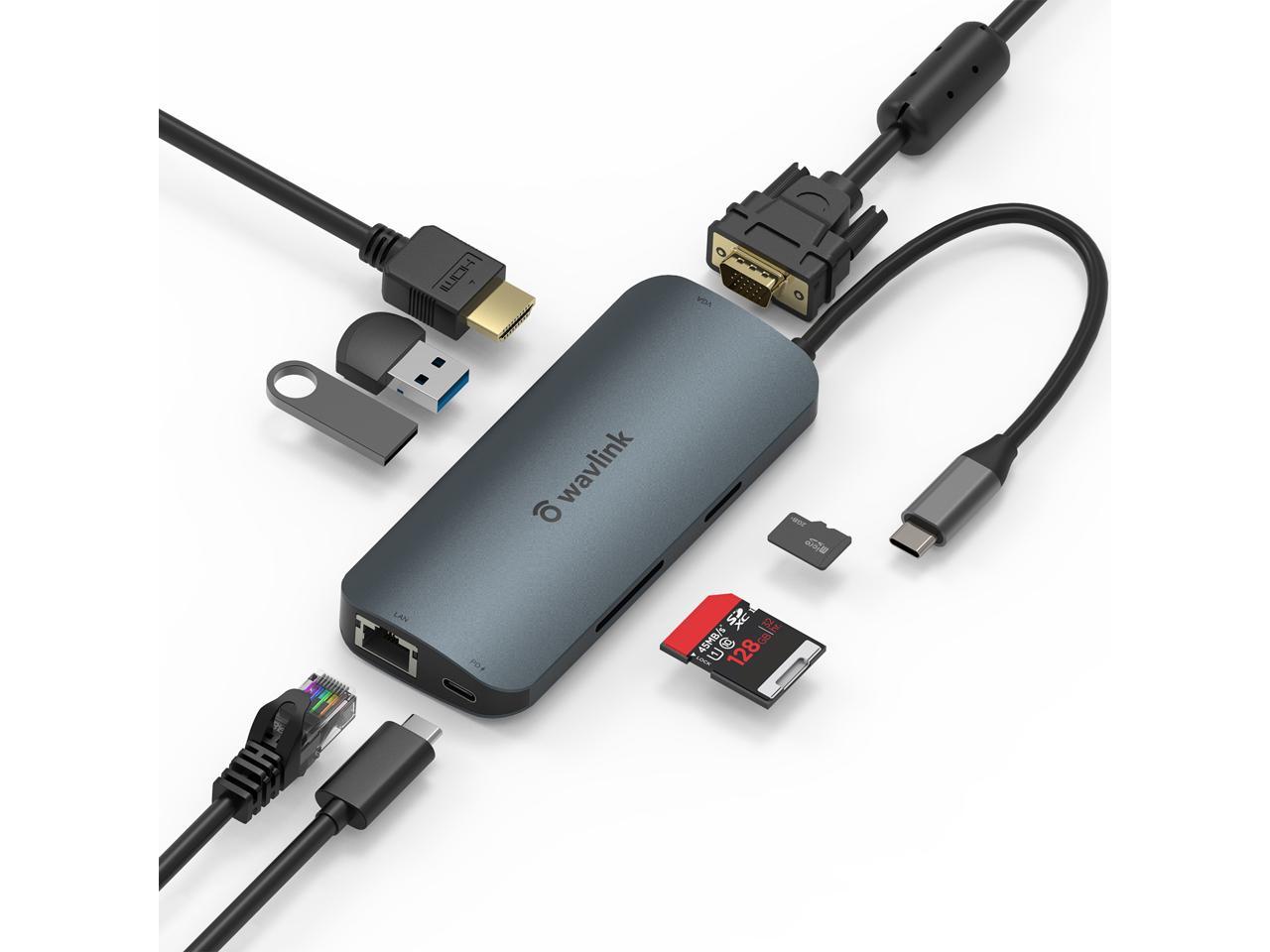 WAVLINK USB-C Hub USB C to HDMI Adapter with 4K@30Hz HDMI 65W Laptop PD Charging, 2K 60Hz VGA, 1000Mbps Ethernet, SD/Mirco SD 3.0 Card Reader, 2 USB 3.0, for MacBook Pro, Windows, Chrome OS, Linux