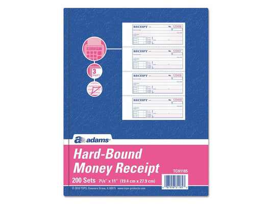 Adams TOPS 3-Part Hardbound Receipt Book 7 x 2 3/4 Carbonless 200 Sets/Book TCH1185