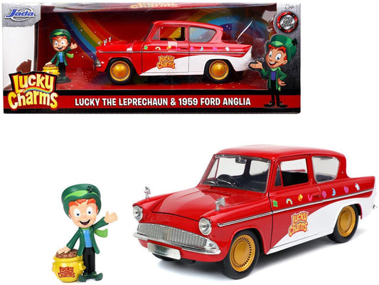 1959 Ford Anglia Red and White with Lucky the Leprechaun Diecast Figurine Lucky Charms 1/24 Diecast Model Car by Jada