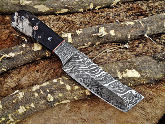 8 Long hand forged Damascus steel full tang Tanto blade custom made hunting Knife, Natural Bull horn scale with Damascus Bolster, Cow leather sheath