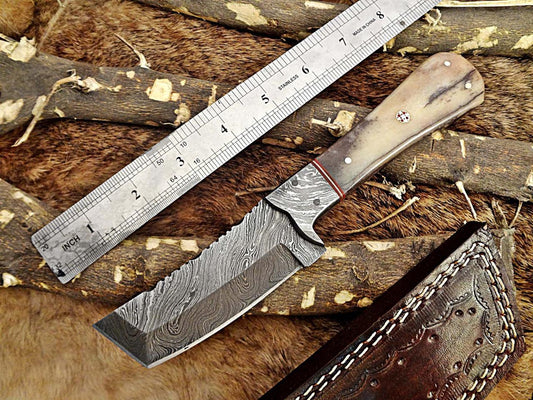 8 Long hand forged Damascus steel full tang Tanto blade custom made hunting Knife, Grey bone with Damascus Bolster, Cow leather sheath