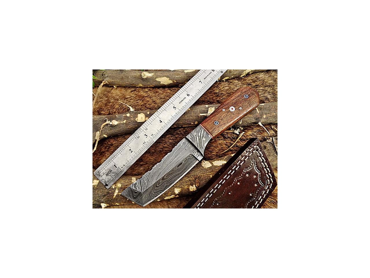 8 Long hand forged Damascus steel full tang Tanto blade custom made hunting Knife, Rose wood with Damascus Bolster, Cow leather sheath