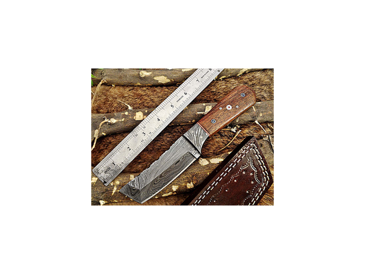 8 Long hand forged Damascus steel full tang Tanto blade custom made hunting Knife, Rose wood with Damascus Bolster, Cow leather sheath