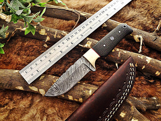 8 Long hand forged hunting Knife, 4 full tang Damascus steel blade, 2 tone Micarta wood with inserting hole, Cow hide Leather sheath