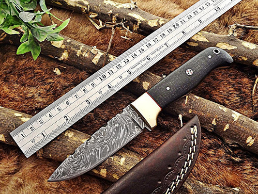 9 Long hand forged Damascus steel Hunting knife, 4 full tang blade, Black Micarta wood Brass bolster, Cow hide Leather sheath