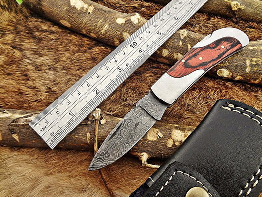 6.5  Damascus steel Folding Knife, 2 tone Red Dollar wood with steel bolster scale, custom made 3 Hand Forged blade cow leather sheath