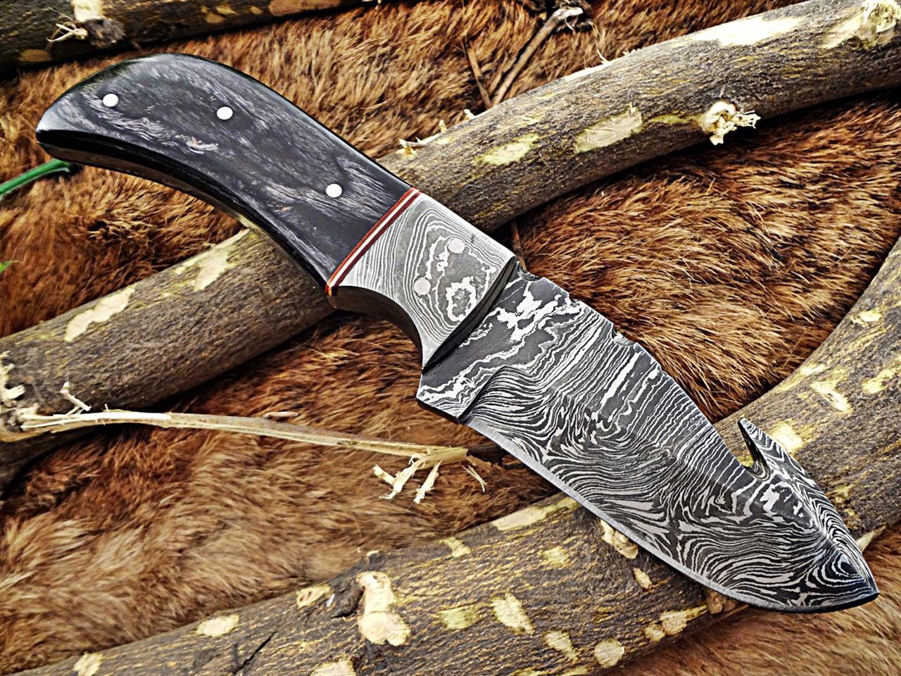 7.5 HAND FORGED DAMASCUS STEEL FULL TANG BLADE GUT HOOK SKINNING POCKET KNIFE with Leather sheath