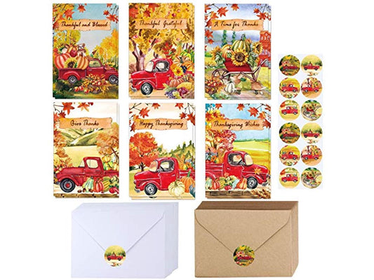 120 Sets Bulk Thanksgiving Cards With Envelopes Stickers Assortment 6 Designs Watercolor Vintage Truck Pumpkins Greeting Cards Blank Holiday Harvest Cards Give Thanks Cards 4X6 For Fall Autumn Party