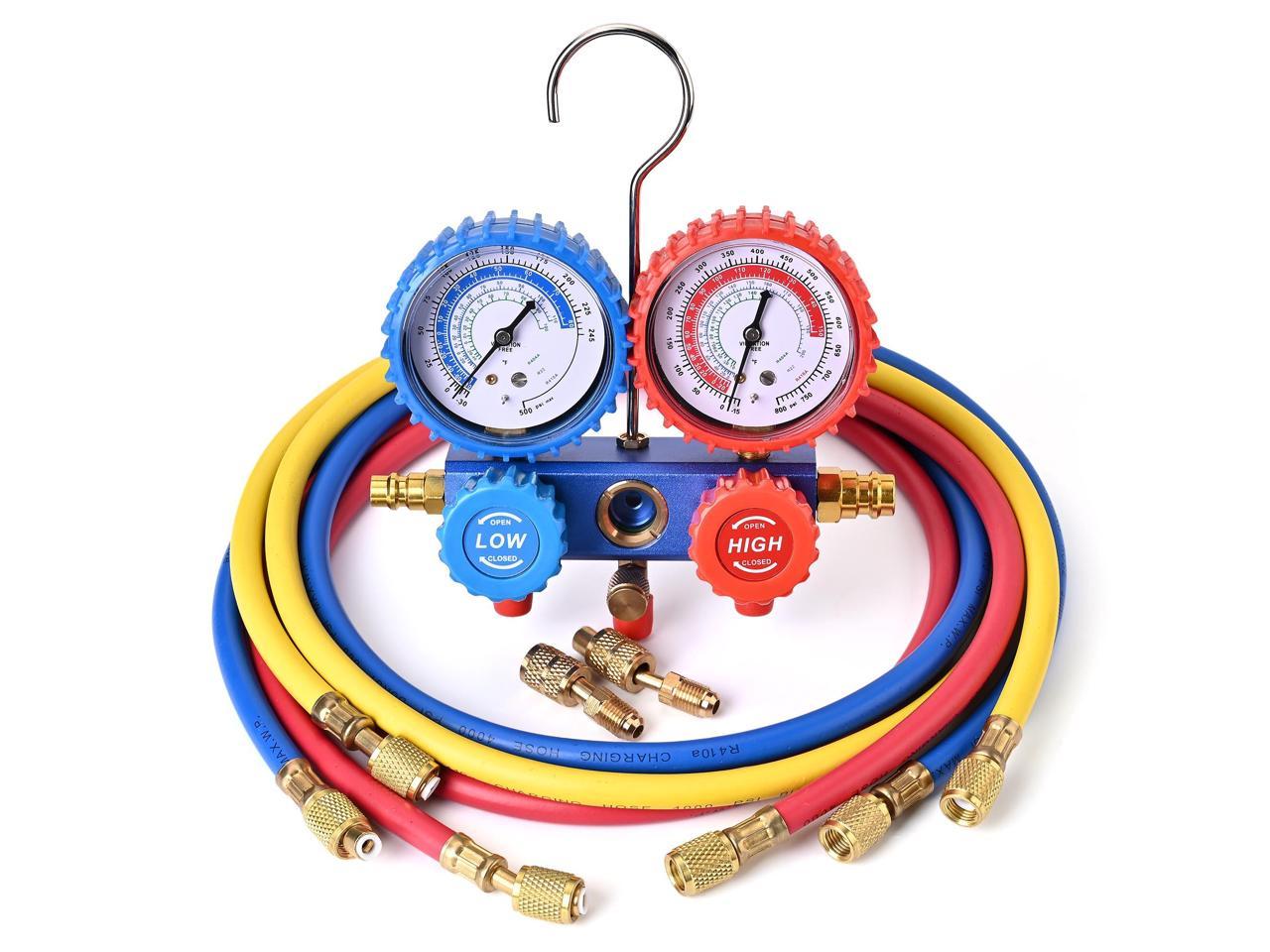 Yescom Manifold Dual Gauge R410a R134a R404a R22 4 Valve HVAC with 60 Inch Diagnostic Hose Detection Tools