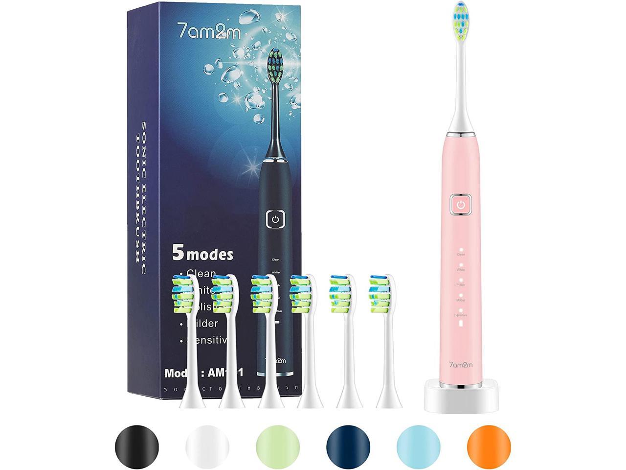 7AM2M Sonic Electric Toothbrush with 6 Brush Heads for Adults and Kids, One Charge for 90 Days, IPX7 Waterproof, 5 Modes with 2 Minutes Built in Smart Timer, Electric Toothbrushes(Pink)