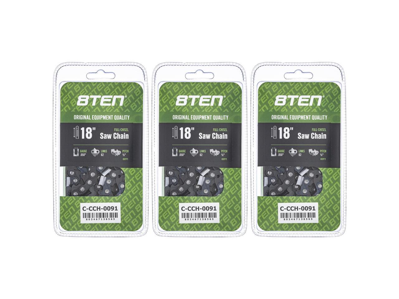 8TEN Full Chisel Chainsaw Chain 18 Inch .050 3/8 62DL for Husqvarna 235 240 Stihl Echo CS300 (3 Pack)