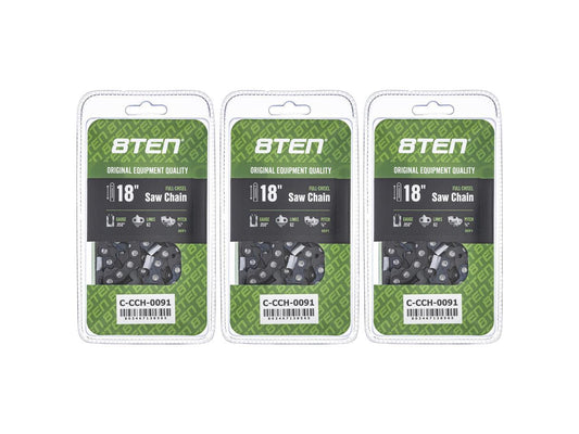 8TEN Full Chisel Chainsaw Chain 18 Inch .050 3/8 62DL for Husqvarna 235 240 Stihl Echo CS300 (3 Pack)