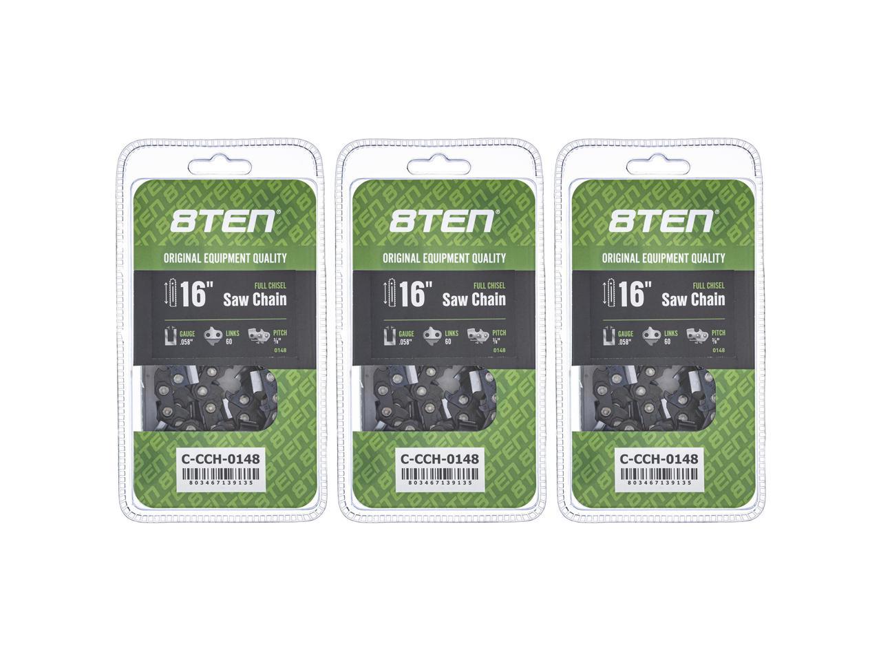 8TEN Full Chisel Chainsaw Chain 16 Inch .058 3/8 60DL For Husqvarna 455 Rancher Poulan 475 Jonsered 2165 (3 Pack)