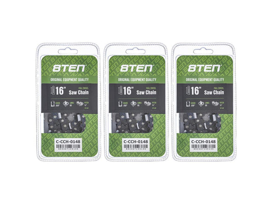 8TEN Full Chisel Chainsaw Chain 16 Inch .058 3/8 60DL For Husqvarna 455 Rancher Poulan 475 Jonsered 2165 (3 Pack)