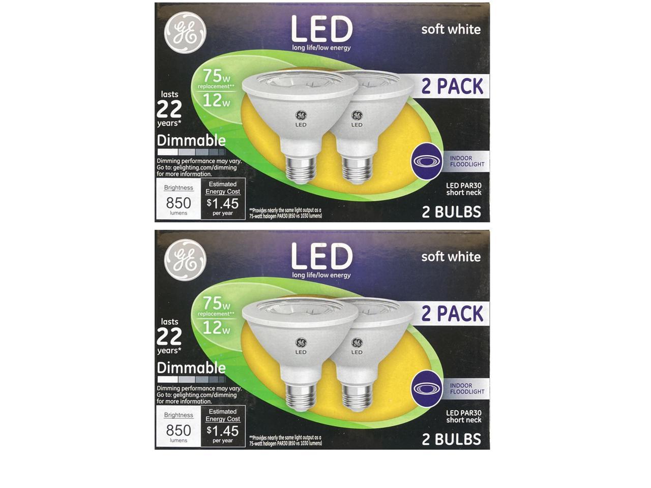 (4 bulbs) GE 96924 PAR30 short neck LED 12 Watt (75 watt equivalent) 850 Lumen, Dimmable Indoor Floodlight with Medium Base, Soft White Light Bulb