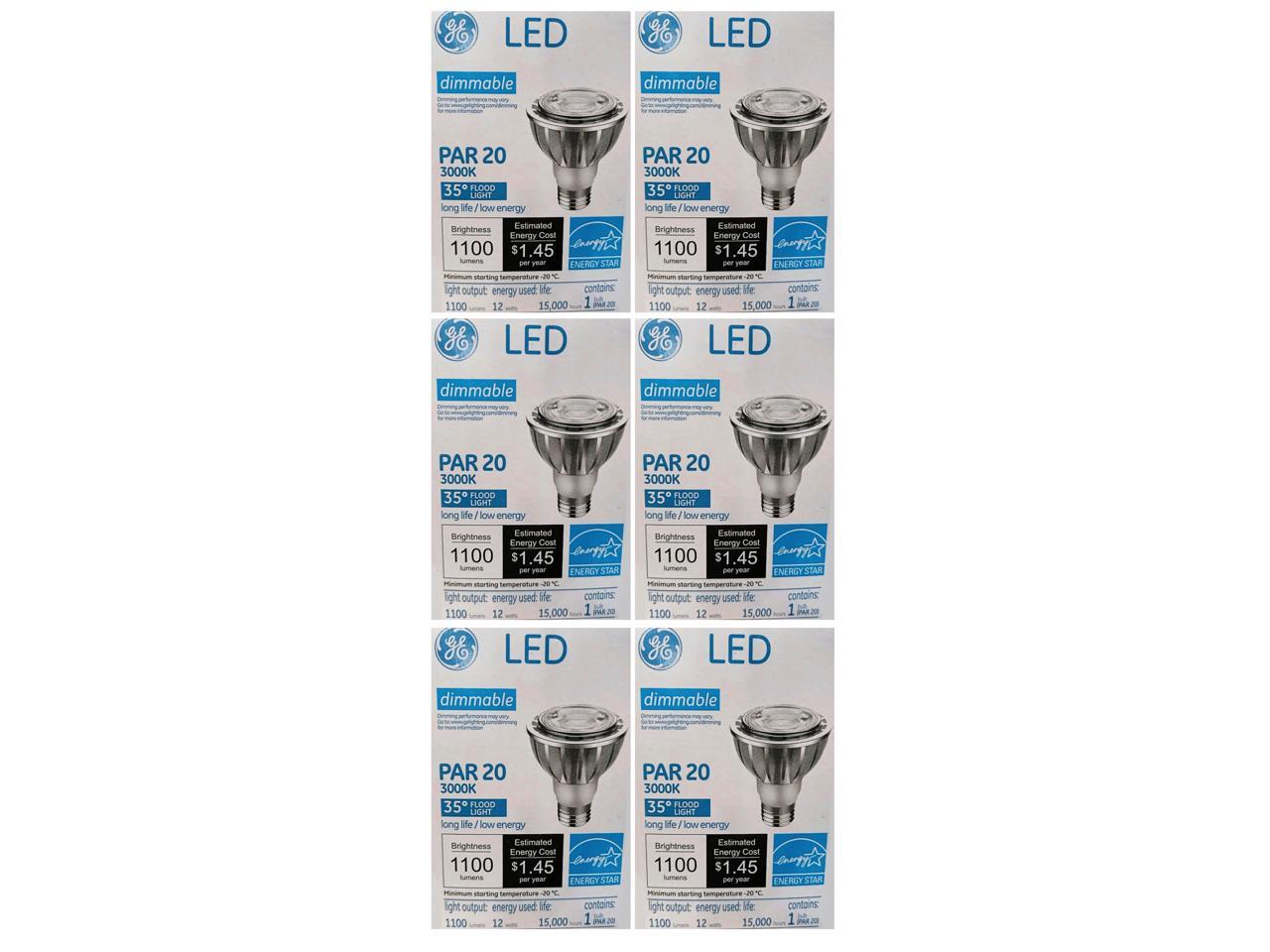 (6 bulbs) GE 38130 LED PAR20 Flood Light, 1100 Lumens, 3000K, 35 degree beam angle, Dimmable, 12 watts, 15000 hours, energy star