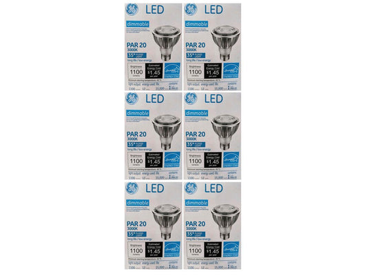 (6 bulbs) GE 38130 LED PAR20 Flood Light, 1100 Lumens, 3000K, 35 degree beam angle, Dimmable, 12 watts, 15000 hours, energy star