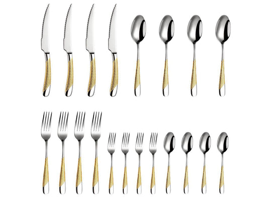 20 pieces of hammer silver gold set, modern gold 18/10 stainless steel tableware set, kitchen utensils set, tableware set, knife and fork spoon set.