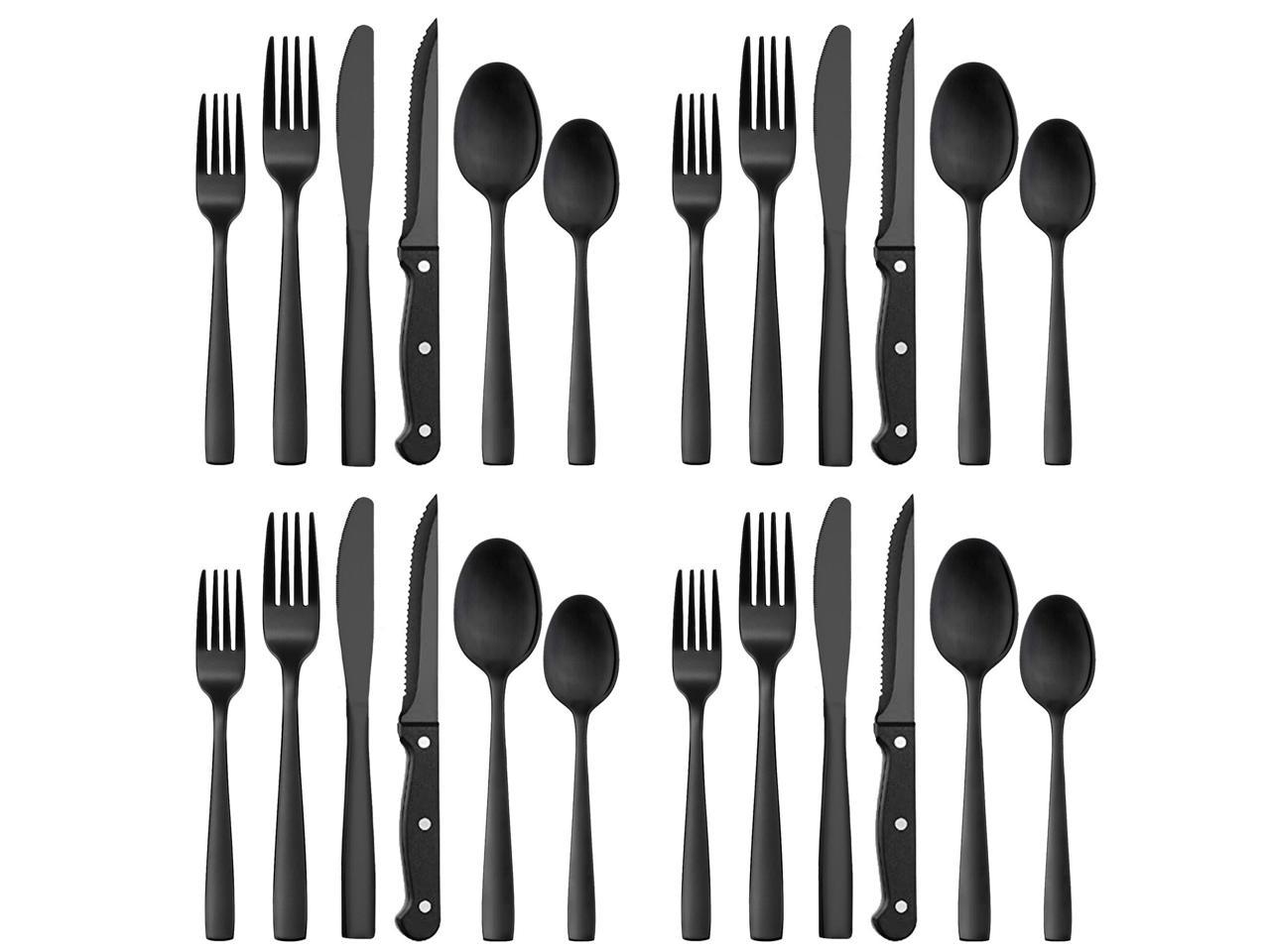 24 Pieces Matte Black Set with Steak Knives for 4, Stainless Steel Flatware Utensils Set, Hand Wash Recommended