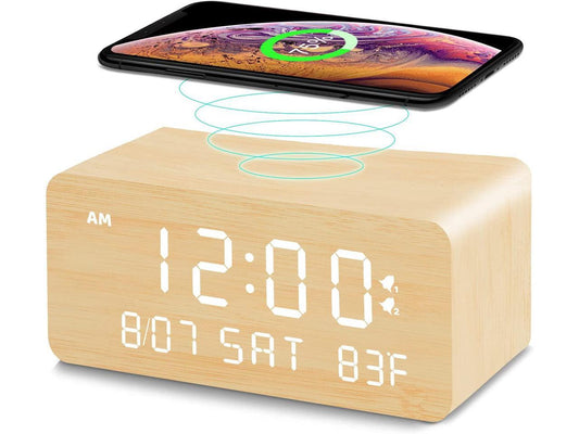 Andoolex Wooden Digital Alarm Clock with Wireless Charging, 0-100% Adjustable Brightness Dimmer and Alarm Volume, Weekday/Weekend Mode, Dual Alarm, Snooze, 12/24H, Wood LED Clock for Bedroom (Bamboo)