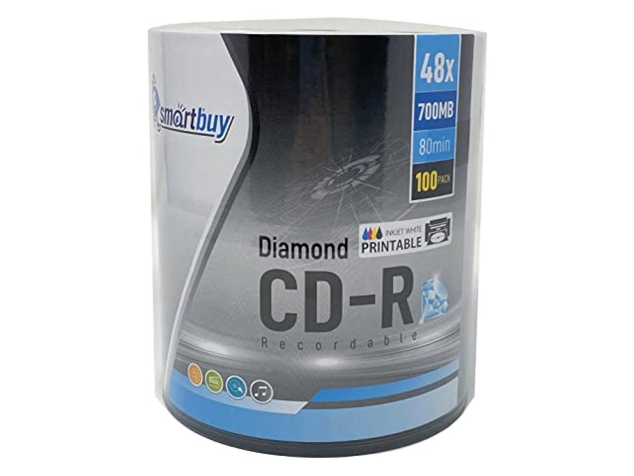 100 Pack Smartbuy Diamond CD-R 48X 700mb/80min White Inkjet Hub Printable Top with Silver Diamond Bottom Blank Data Recordable Disc