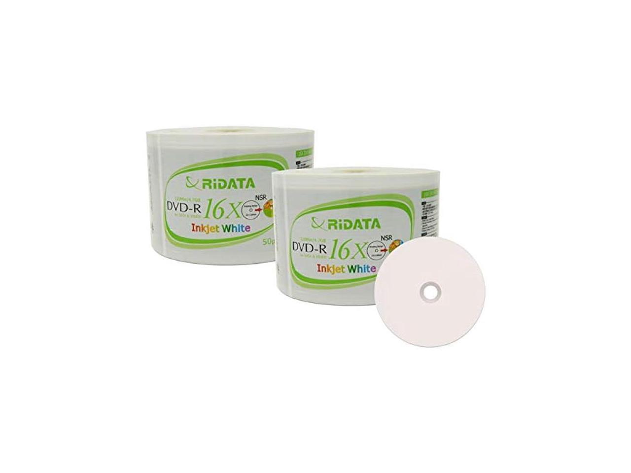 100 Pack Ridata DVD-R 16X 4.7GB 120 Min White Inkjet Hub Printable Blank Data Video Media Recordable Disc