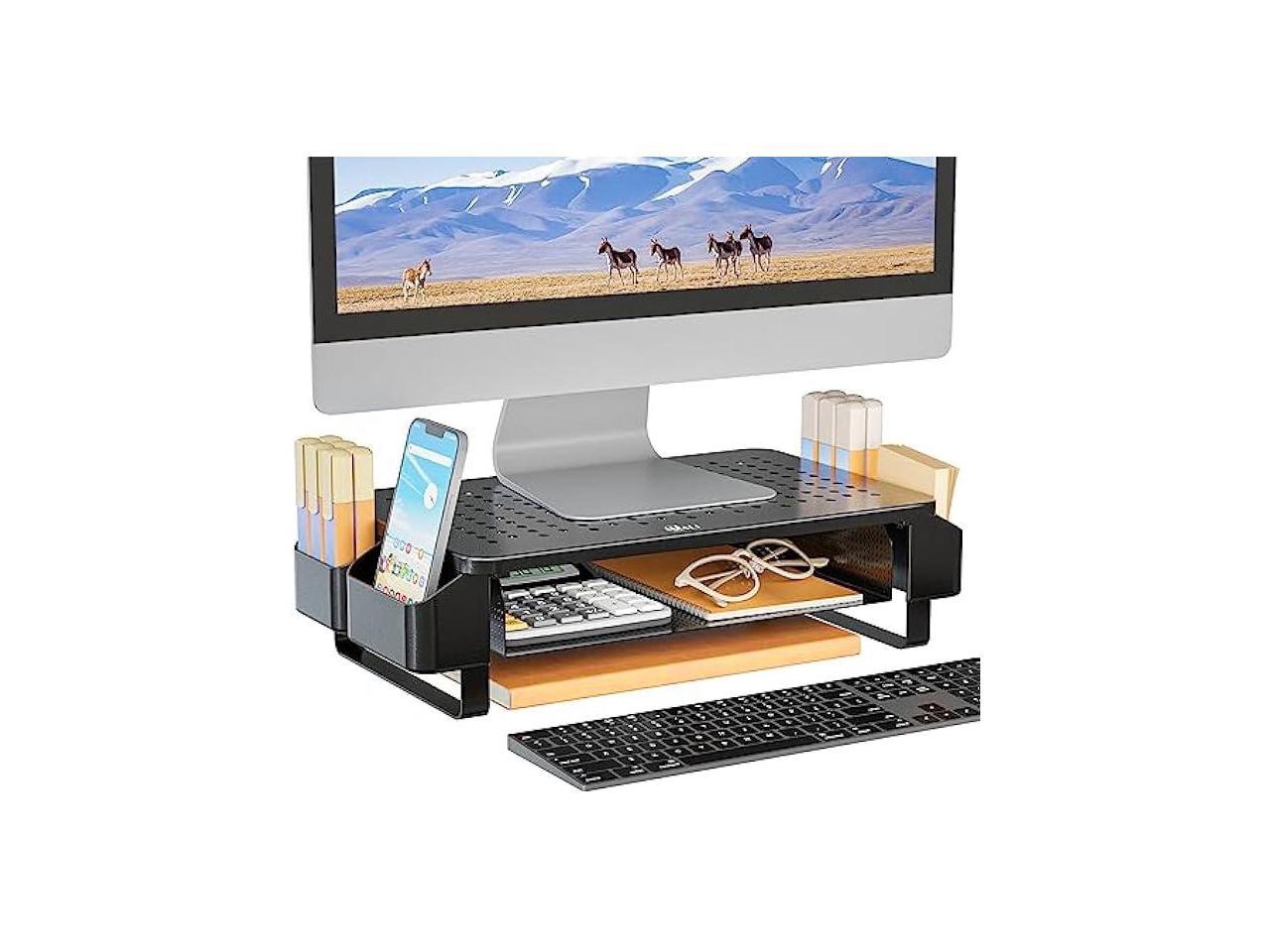 WALI Monitor Stand with Storage, Office Desk Organizer with Drawer and Side Storage Pockets for Computer Desk Stand, Laptop, Printer, Notebook and Flat Screen Display, (STT007), Black, 1 Pack