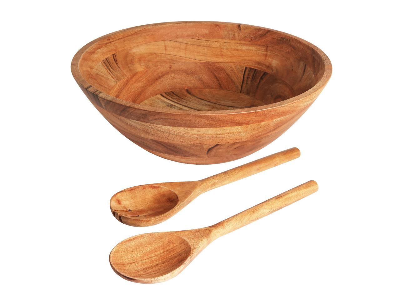 Wooden Salad Bowl Set - Food Safe & Sustainable Decorative Bowl - Wood Bowl for Fruits, & Salads - Easy to Clean Large Salad Bowls Set w/ Spoon, Fork Wooden Bowls for Food (Natural)