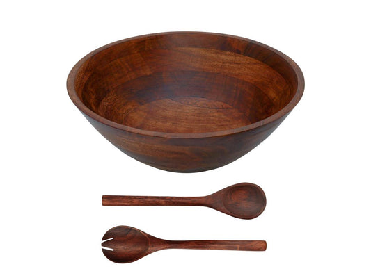 Wooden Salad Bowl Set - Food Safe & Sustainable Decorative Bowl - Wood Bowl for Fruits, & Salads - Easy to Clean Large Salad Bowls Set w/ Spoon, Fork Wooden Bowls for Food (Dark Burnt)