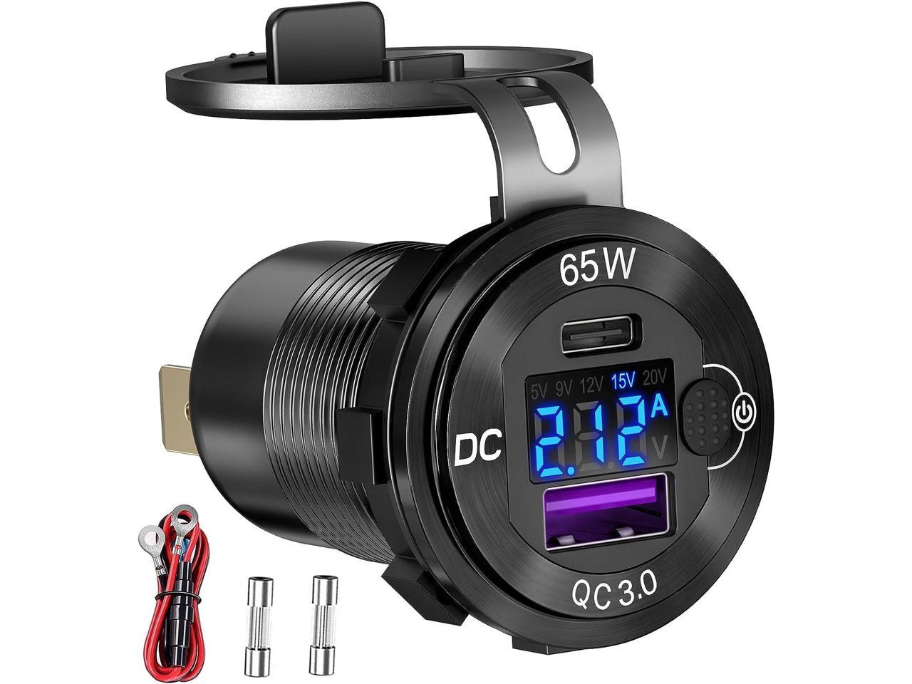 83W 12 Volt USB Outlet Built-in Boost USB C Laptop Car Charger: Ouffun 65W PD3.0 and 18W QC3.0 Car USB Port Aluminum Socket with Button Switch Smart Voltmeter, Suitable for Car RV Marine Golf Cart