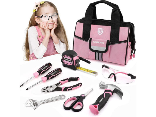 WORKPRO 9-Piece Kids Real Hand Tool Set, Pink Junior Tool Kit with Storage Bag for Boys, Girls, Children DIY Building and Woodworking, Age 8+