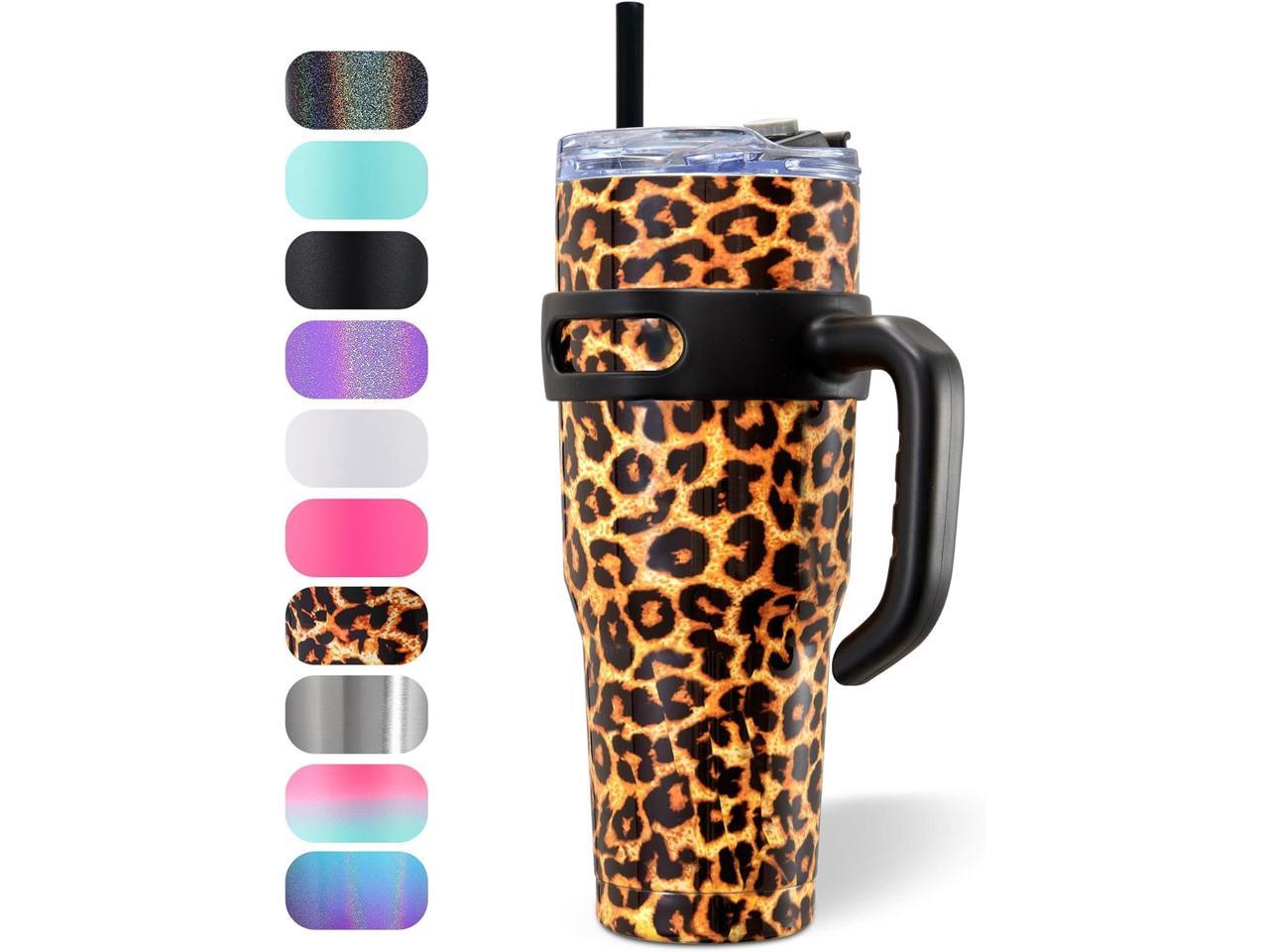 Zibtes 40oz Insulated Tumbler with Lid and Straws, Stainless Steel Double Vacuum Coffee Tumbler with Handle, lovely Travel Cup for Home, Office, Party (Leopard 1 pack)