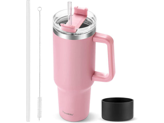 40 oz Tumbler with Handle and Straw, Pink Insulated Travel Mug Iced Coffee Cup, Reusable Stainless Steel Insulated Water Bottle, Keeps Drinks Cold for 34 Hours, Dishwasher Safe, BPA Free