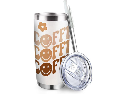 Zzkol Smiley Faces Coffee Tumbler with Lid and Straw, Flower Floral Stainless Steel Travel Coffee Cup, Cute Cartoon Birthday Mug Gifts, 20oz Double Wall Vacuum Insulated Tumbler