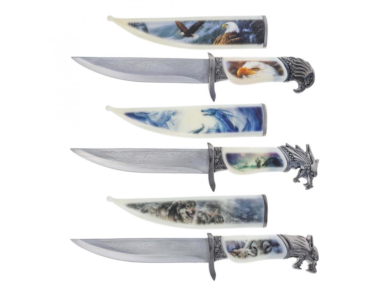 3pc Animal Head Fixed Blade Ornamental Dagger Collector Knife Decorative Gift Set, Wolf Eagle and Dragon